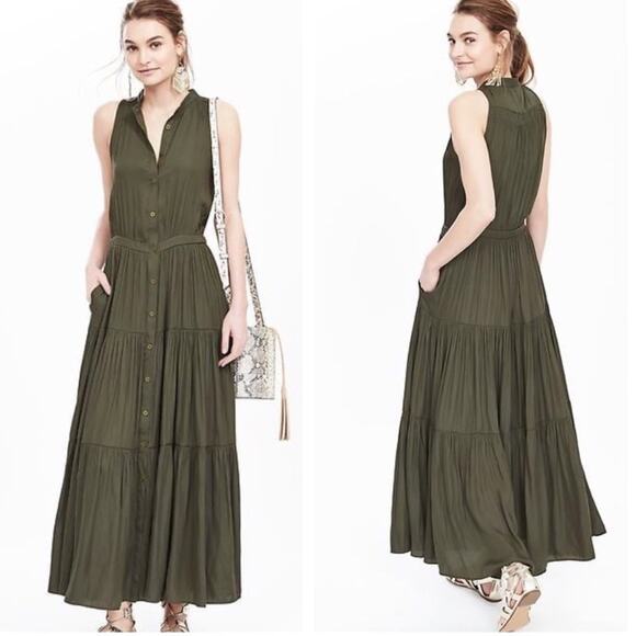 🆕 NWT Olive Green Maxi Dress Tiered Flowing Loose Bottom Skirt Button Down Top - Picture 8 of 8